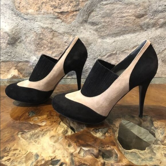 Donald J Pliner Lasse 0202 Black Taupe Suede Designer Heel Pump Booties Size 10 - Picture 1 of 8